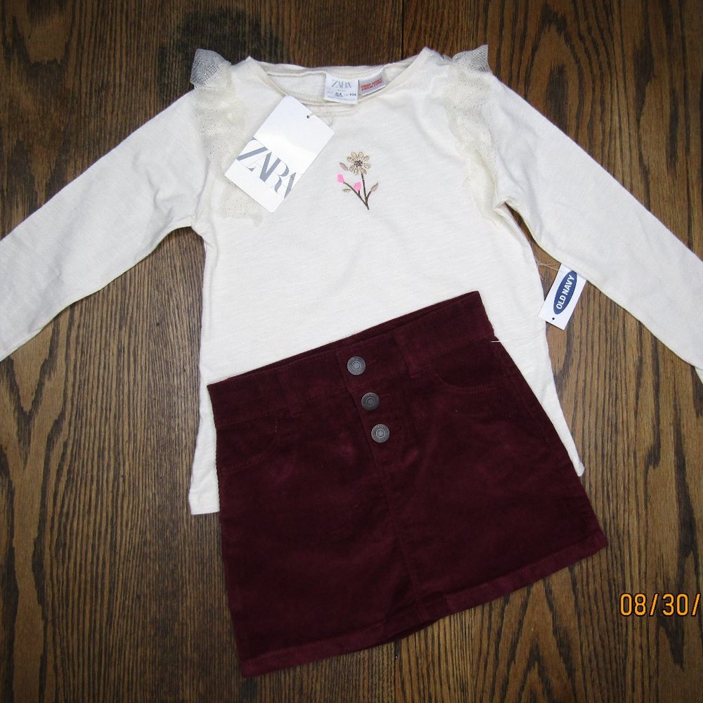 Zara girls long sleeve knit top Old Navy burgundy corduroy skirt size 3T 3-4